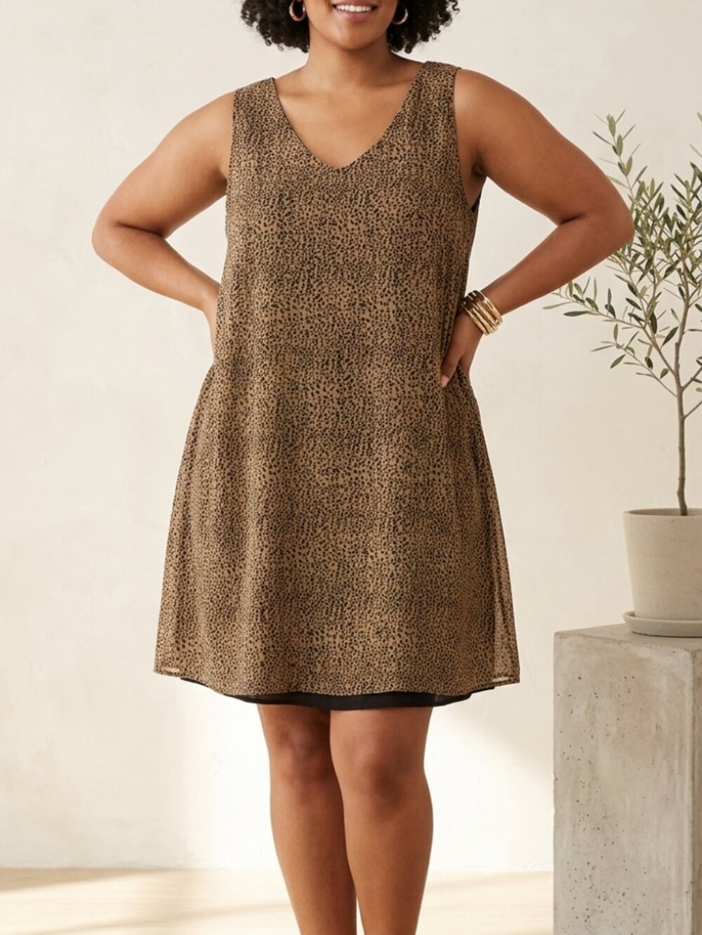 Vintage Leopard Animal Print Silk Midi Dress Tan Black 20W Lightweight Flowy